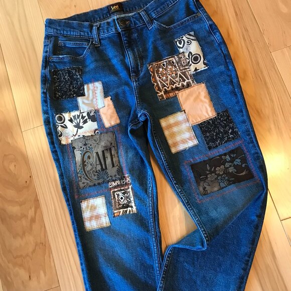 Upcycled Boho Patchwork Jeans, Women's Size 10: Coffee-Inspired Hippie Pants - Picture 5 of 15